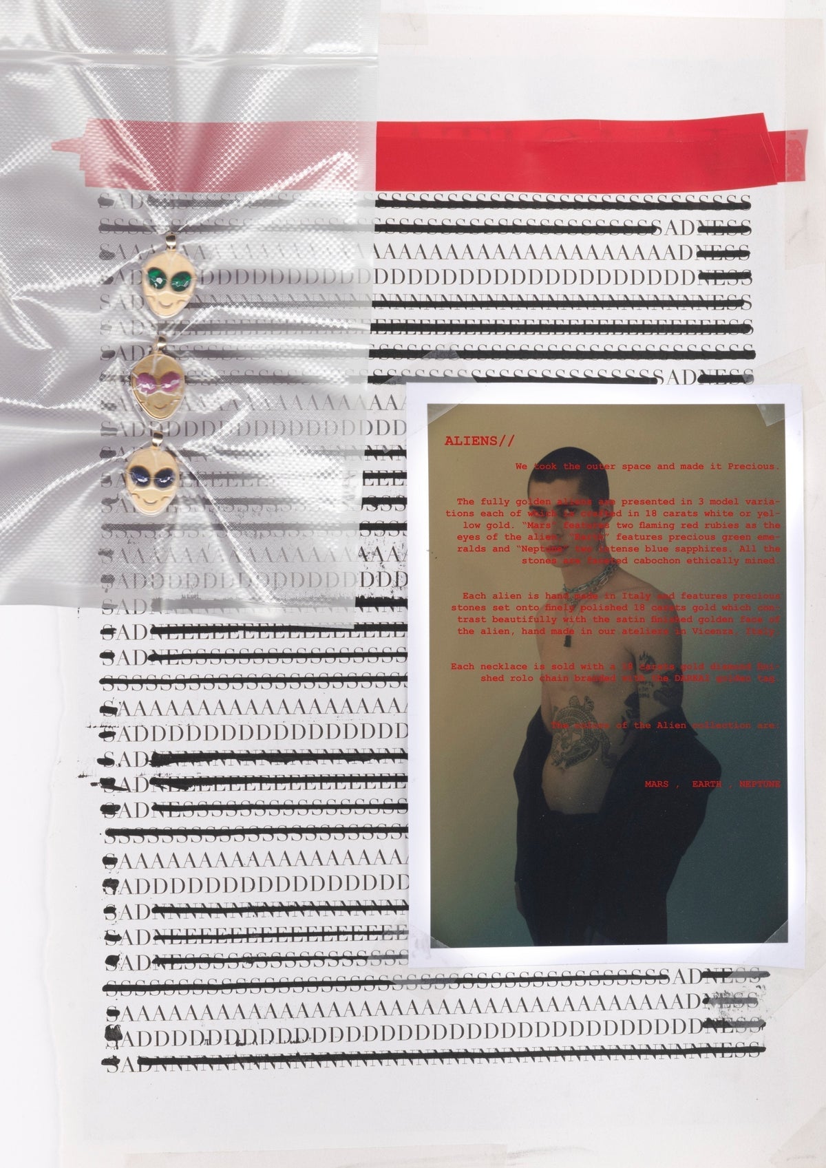 DARKAI Raw Energy Lookbook SS22 Man wearing gold aliens necklace