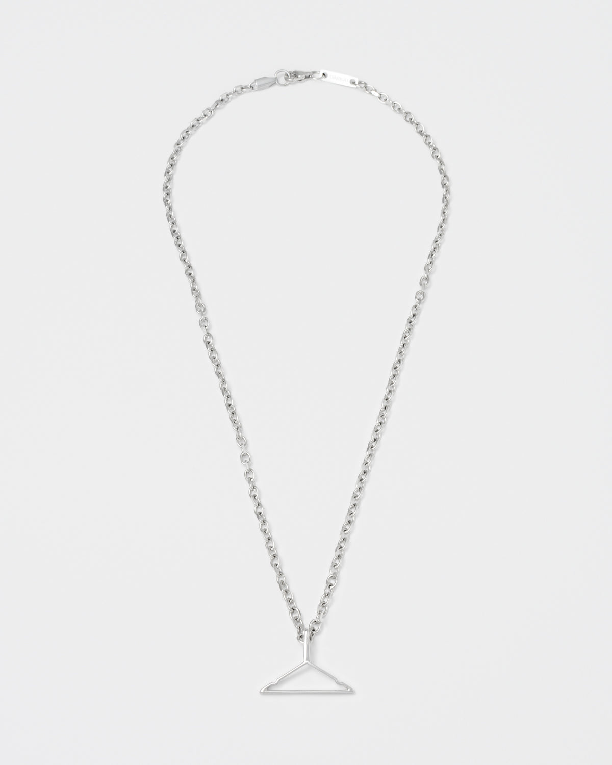 Hanger pendant necklace with 18kt white gold coating and lasered logo and details.